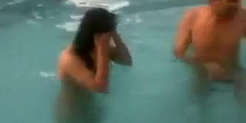 Petite Dipping Girl And Her Man In The Pool (Couple With)