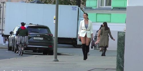 Woman on the street in without panties. Sexy bottomless chick (Jeny Smith)