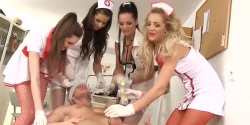 Four sexy nurses involve their patient in CFNM session to make a sperm test