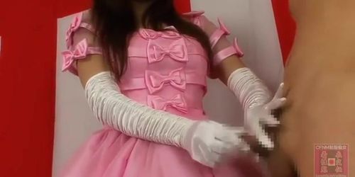 Japanese girl satin dress & glove fetish