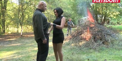 LETSDOEIT - French Slut Mommy Rides Two Dicks In The Forest