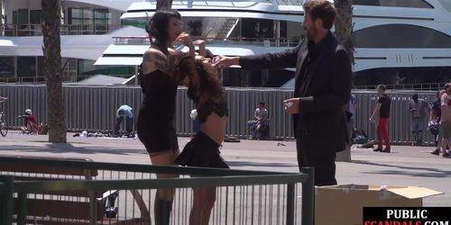 PUBLIC DISGRACE - Petite naked teen humiliated in public by domina and lord