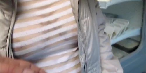 Touching tits in see-throu blouse in a market (amateur )