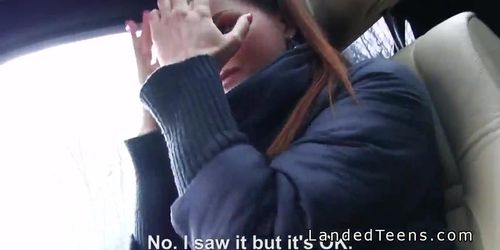 Redhead teen flashing big boobs to stranger in his car