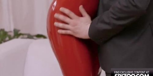 Girl In Red Latex Dress Rides Her Man'S Stiff Cock