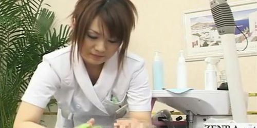 Subtitled CFNM Japanese sensual handjob massage cumshot
