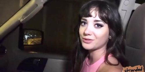 Teen Gia Paige hitch hikes and have sex on the car on a rainy night