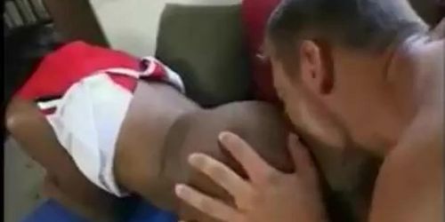 Ebony cheerleader takes a fat white cock