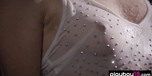 Big titted all natural blonde babe Kenna James stripping in the rain
