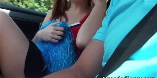 Sexy cheerleader Eva gets banged rough in the car by the stranger with a massive cock