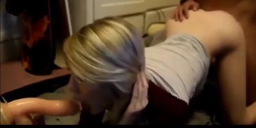 Horny blonde slut in threesome homemade sextape