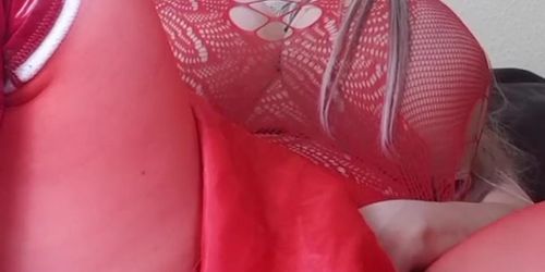 Susi with her giant breasts wears fishnet shows tits and pussy (Satin Sheets)