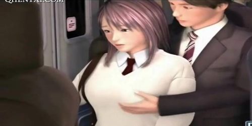 Anime school girl pussy fingered up skirt in train