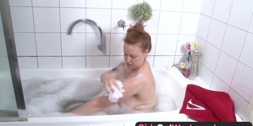 Busty curvy amateur touching her hairy cunt