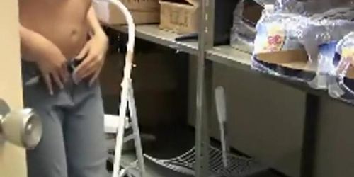 Coworker changing in the storage room