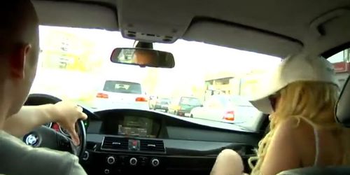 Blond girl picked up by BMW driver and fucked in car.