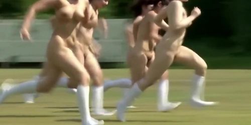 Naked Japanese girls run around the soccer field