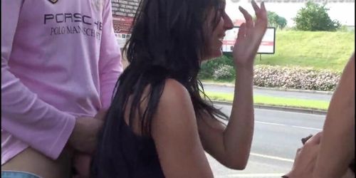 Risky public sex threesome at a bus stop with big boobs girl (George Lee)