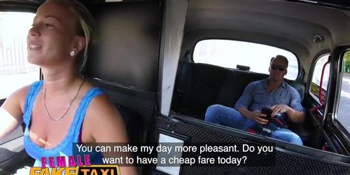 Female Fake Taxi Horny slim blonde driver in sweaty taxi backseat fuck