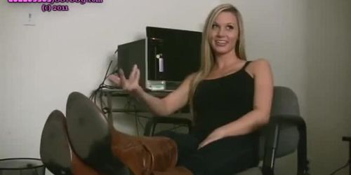 Cute Blonde Boots And Socks Removal showing Feet