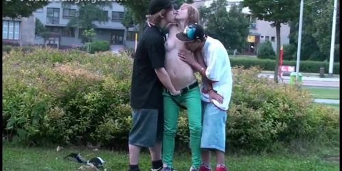 A cute teen Alexis Crystal in a public street threesome sex