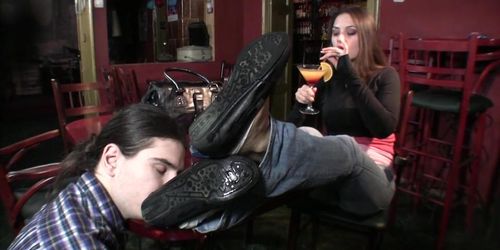 after a walk,amanda gets foot treatement and slave is rewarded with socks in mouth!!