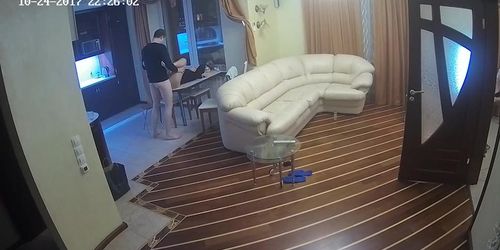 Sexy Brunette Midnight Hot Sex on Kitchen Table Hidden Cam