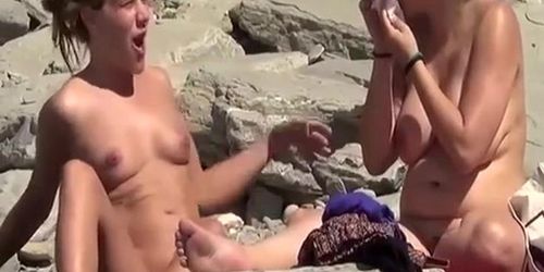 Chubby big tits and small tits woman at beach