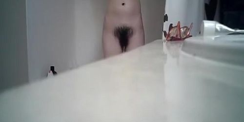 Big hairy pussy and small boobs in bathroom