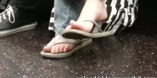 Candid Nerdy Teen Flip-Flop Feet Shoeplay on Bus