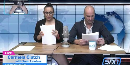 camsoda.com/snn - Carmela Clutch, Sean Lawless - Carmela Blows and Rides her Co-Anchor while Reading the Daily News