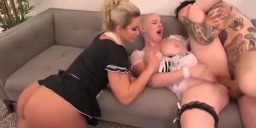 Two mature maids enjoy boss cock