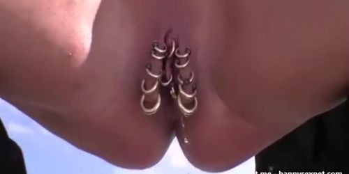 Marina showing pierced cunt in public