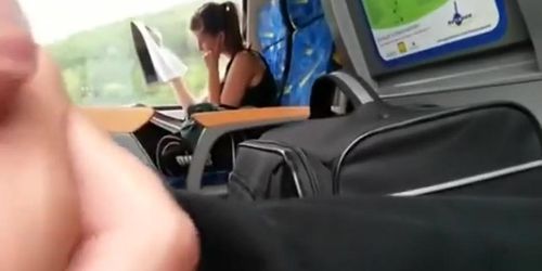 Slowly stroking his cock on the public bus