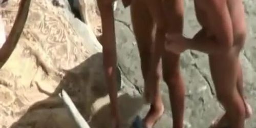 Nudist couples fucking in rocky beach