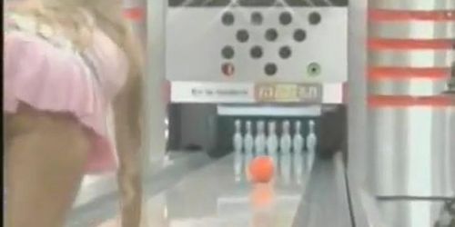 Sexy up skirt video of a tv girl bowling in mini dress