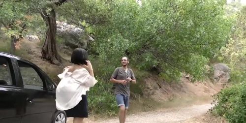Starved Hippie Eats Nina Ole's Hairy Pussy in Nature