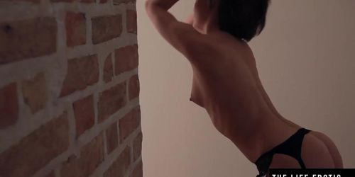 Hot Brunette Busty Girl In Black Stockings Plays With Her Pussy With A Candle