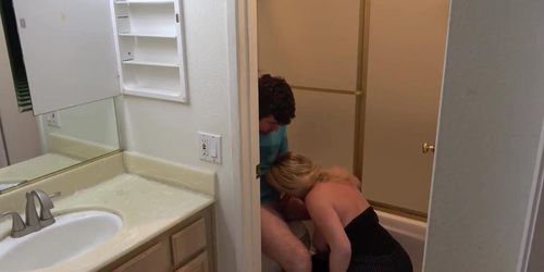 Roommate caught masturbating in the bathroom fucks MILF