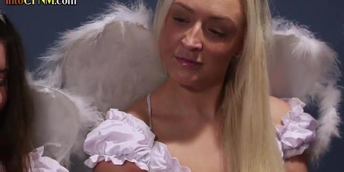 Costumed femdom chicks group sucking bigcock