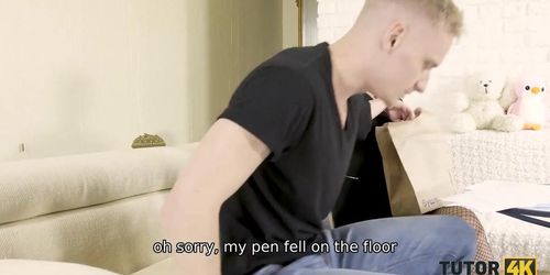 TUTOR4K. Young man doesnt want to study but drill this beautiful teacher
