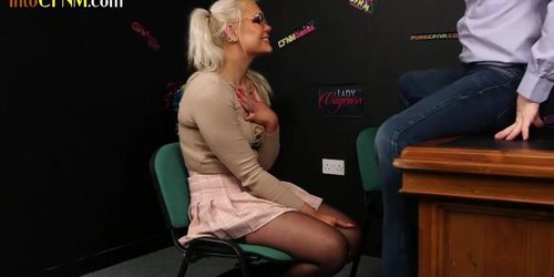 Pigtailed CFNM girl sucking in the office