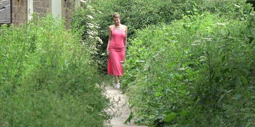 Brooke - Public play and pee in her pink dress