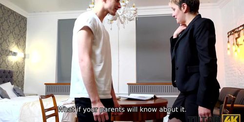 TUTOR4K. Lesson with new literature tutor ends for smart fellow with sex