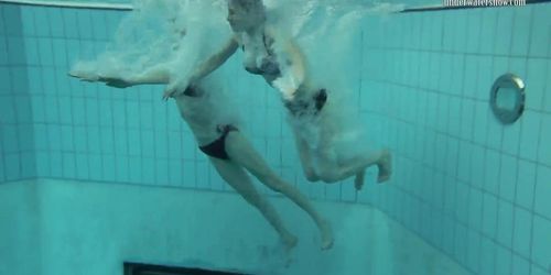 Horny Russians swimming naked and touching bodies