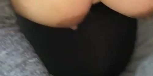 Brown lady jerks off white dick on her tits on the weekend