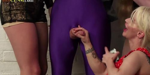 PURE CFNM HD - CFNM femdom babes wank cock of spandex dude in group