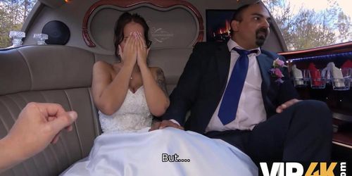 VIP4K. Excited girl in wedding dress fools around not with future hubby (Jennifer Mendez)