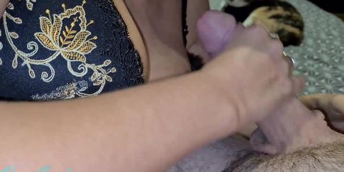 Cumshot in the mouth of a slut in very sexy lingerie