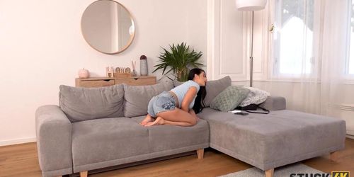 STUCK4K. Splendid brunette loves the idea of having sex on the couch